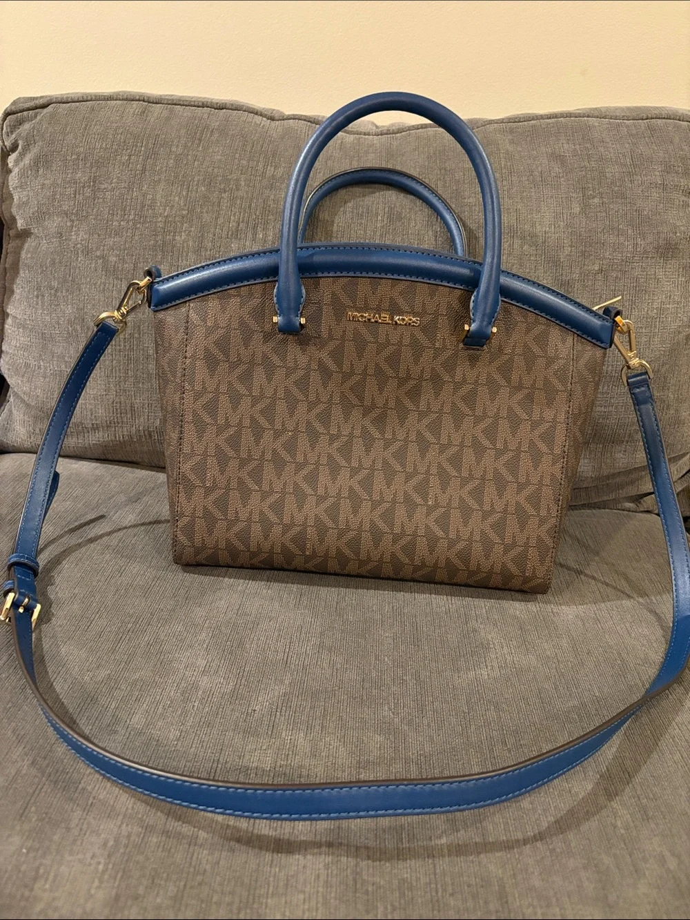 Michael Kors Brown Monogram Satchel with Blue Trim and Strap